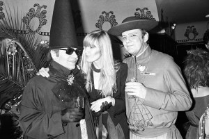 Betty Catroux, Karl Lagerfeld, Patrick O'Higgins attending Loulou Klossowski's Magic City costume ball, 1978