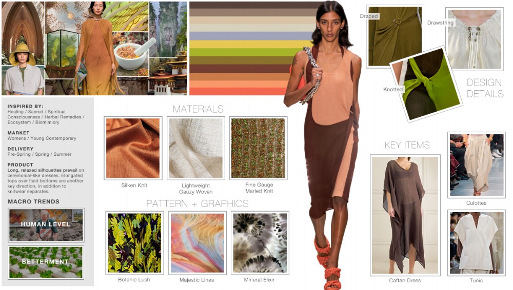 Earth tones, biomimicry and organic silhouettes make up the aesthetic language of the Dharma trend story.