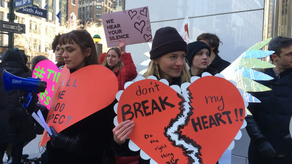 The Model Alliance's founder Sara Ziff, right, at the Victoria's Secret protest.