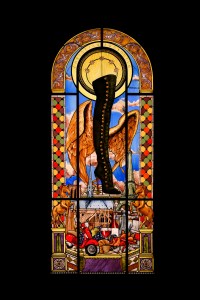 Bespoke stained glass panels depict iconic Louboutin footwear.