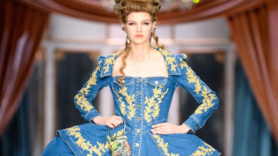 Marie Antoinette was Moschino's muse for Fall/Winter 20-21 in a French Revolution-inspired collection loaded with embellished denim..