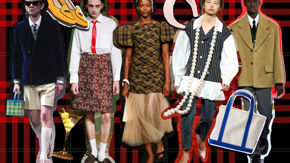 Gucci Men's Fall 2020, Puppets and Puppets Spring 2020, Khaite Spring 2020, Vaquera Spring 2020, and Prada Men's Fall 2020 featured alongside an L.L. Bean tote, a Prada headband and Belgian Shoes.