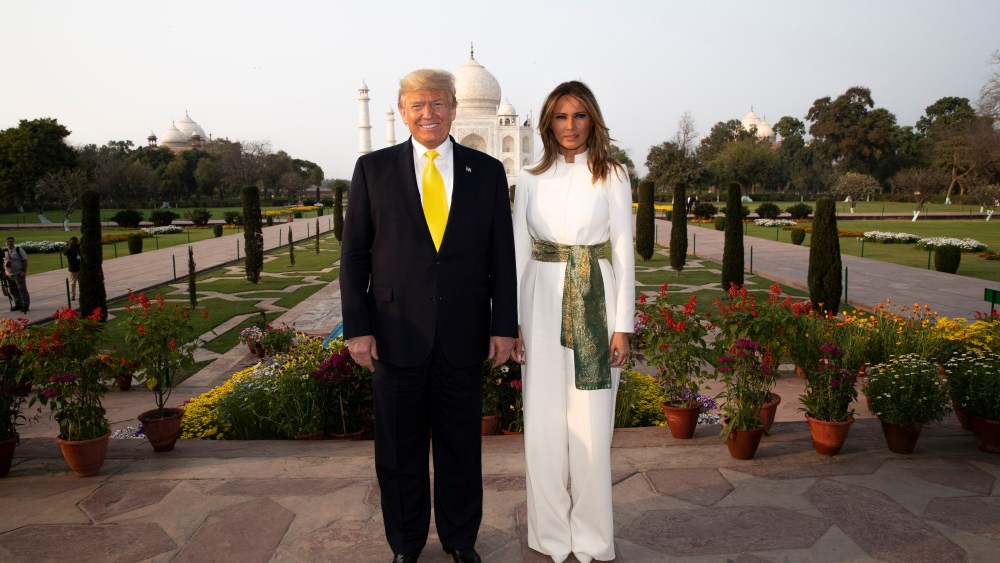 Donald Trump, Melania Trump. President Donald Trump, with first lady Melania Trump, pause as they tour the Taj Mahal, in Agra, IndiaNamaste Trump, Agra, India - 24 Feb 2020