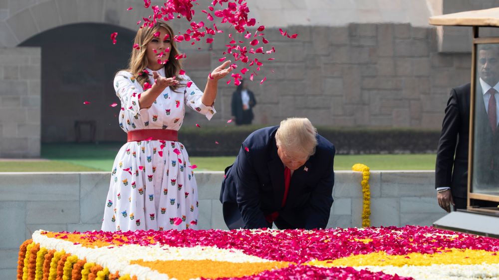 Donald Trump, Melania Trump. U.S. President Donald Trump and first lady Melania Trump offer floral respects at Raj Ghat, the memorial for Mahatma Gandhi, in New Delhi, IndiaUS Trump, New Delhi, India - 25 Feb 2020