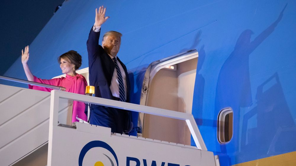 Donald Trump, Melania Trump. U.S.President Donald Trump, and first lady Melania Trump, wave as board Air Force One upon departure from at Indian Air Force Palam airport, in New Delhi, IndiaUS Trump, New Delhi, India - 25 Feb 2020