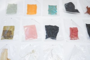 Mineral and vegetable-based color swatches line the wall in a grid of Òbeautiful failures.Ó