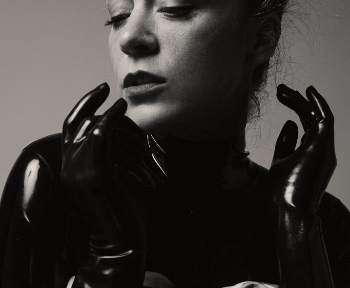 Richard Quinn's silk dress over latex bodysuit and gloves