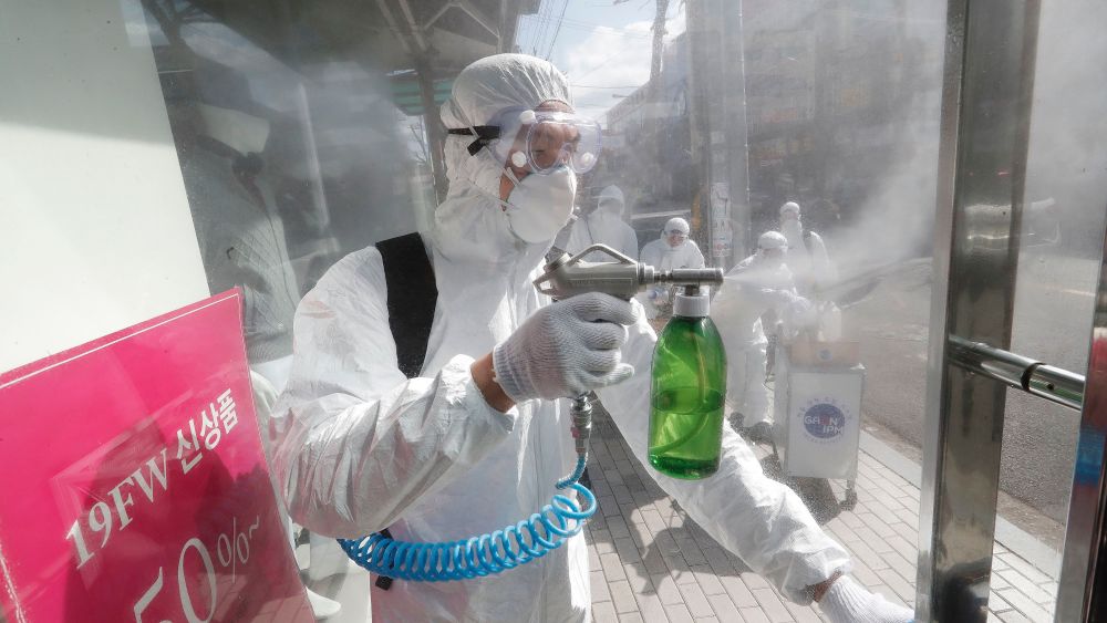 Disinfecting in Seoul to fight the coronavirus.