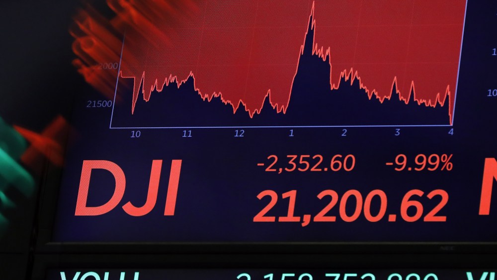 Board above the trading floor of the New York Stock Exchange shows the closing Dow Jones Industrial Average number, . The stock market had its biggest drop since the Black Monday crash of 1987 as fears of economic fallout from the coronavirus crisis deepened. The Dow industrials plunged more than 2,300 points, or 10%. The vast majority of people recover from the new coronavirus. According to the World Health Organization, most people recover in about two to six weeks, depending on the severity of the illnessFinancial Markets Wall Street, New York, United States - 12 Mar 2020