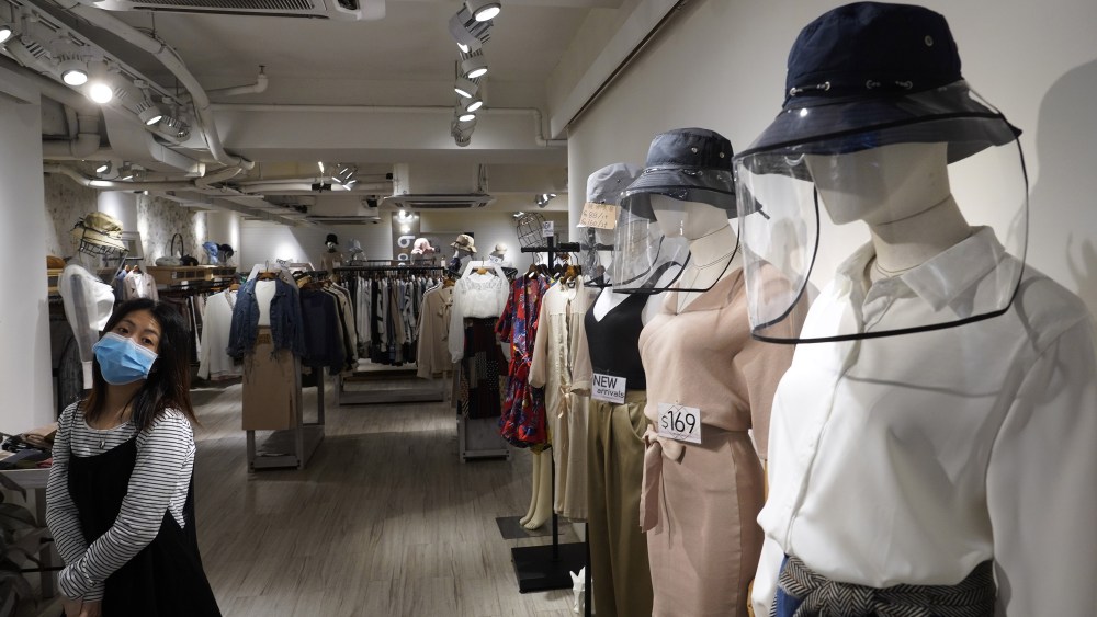 Protective hats for sale at a shop in Hong Kong.