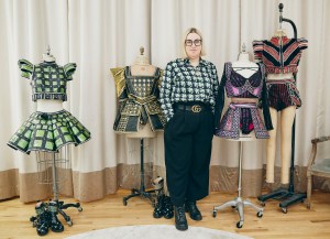 Six costume designer Gabriella Slade with her designs.