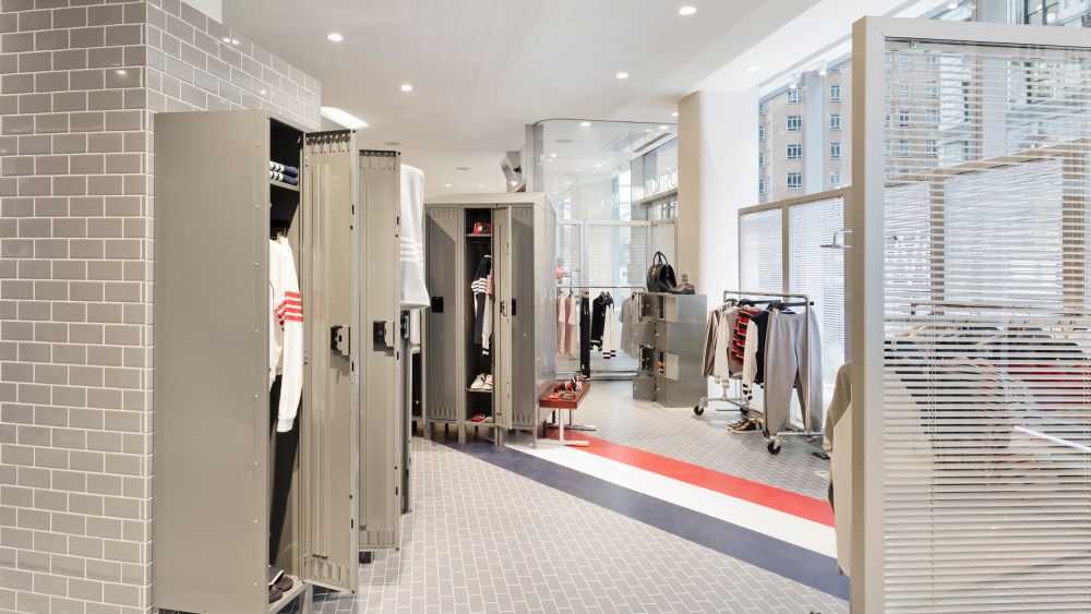 The Thom Browne locker room at the Nordstrom men’s store.