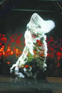 Model Kate Moss as a hologram on the runway during Alexander McQueen fall 2006 show