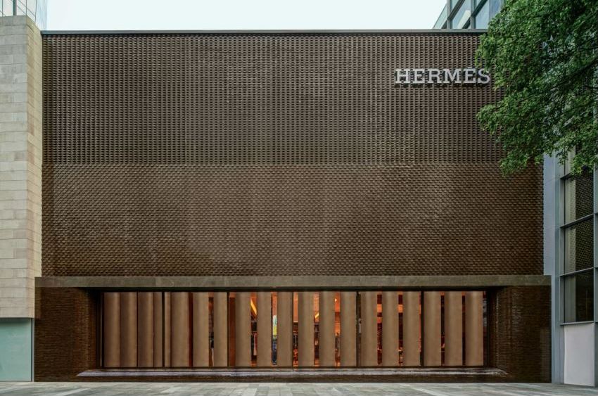 The exterior facade of the reopened Hermès Guangzhou store in Taikoo Hui.