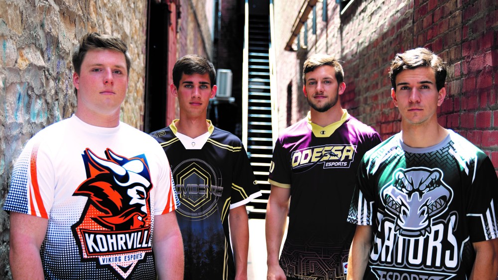 Four e-sports players wearing special Champion jerseys and tops.