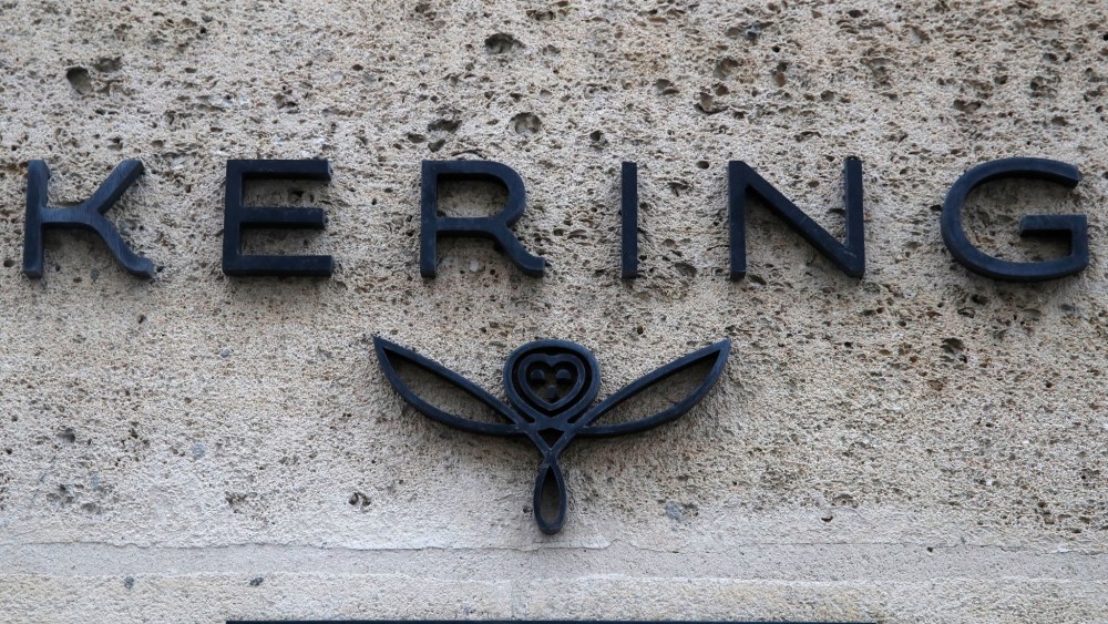 The logo of luxury group Kering is pictured at the company's headquarters in Paris.