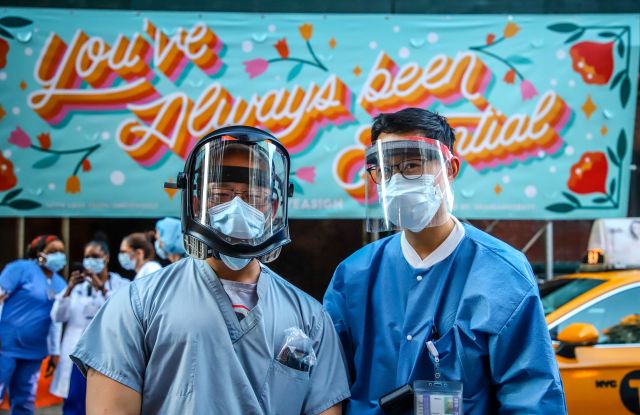 Healthcare workers applaud in tribute to all those in the fight against the Coronavirus in hospitals and medical centers.Applause for health care workers, New York, USA - 08 Apr 2020