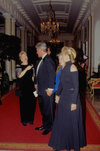 First Lady Hillary Clinton wearing a famous Donna Karan design at the Clinton’s first state dinner, 1993.