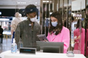 Sales associates at the Jacquemus stand at the Galeries Lafayette flagship on Boulevard Haussmann in Paris.