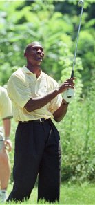 JORDAN Retired basketball superstar Michael Jordan smiles as he watches his shot off of the fifth tee at the Toyota Mario Lemieux Celebrity Invitational at Nevillewood Golf Course in Carnegie, Pa. on
LEMIEUX INVITATIONAL, CARNEGIE, USA