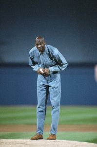 Jordan Chicago Bulls' Michael Jordan prepares to throw the first pitch prior to the start of Game 1 of the American League Championship Series between the Chicago White Sox and the Toronto Blue Jays, at Comiskey Park in Chicago
AL Playoffs Jordan First Pitch, Chicago, USA