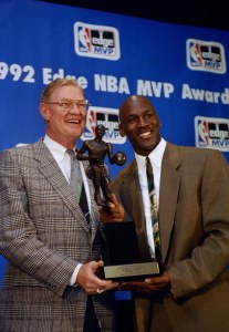 Chicago Bulls' Michael Jordan receives his third Most Valuable Player trophy in Chicago, . Man at left is unidentified
Bulls MVP Jordan 1992, Chicago, USA