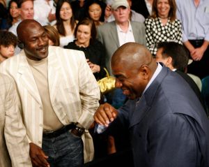 Michael Jordan, Magic Johnson Michael Jordan shares a laugh with Magic Johsnon ringside before the Oscar De La Hoya - Floyd Mayweather Jr. WBC super welterweight world championship boxing match, at the MGM Grand Garden Arena in Las Vegas
De La Hoya Mayweather Boxing, Las Vegas, USA