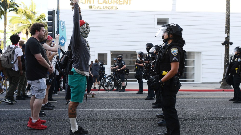 Protesters near Rodeo Drive in Beverly Hills, California.