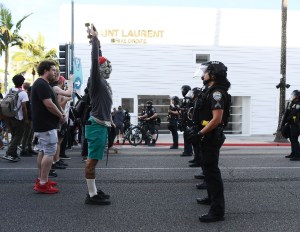 Protesters near Rodeo Drive in Beverly Hills, California.