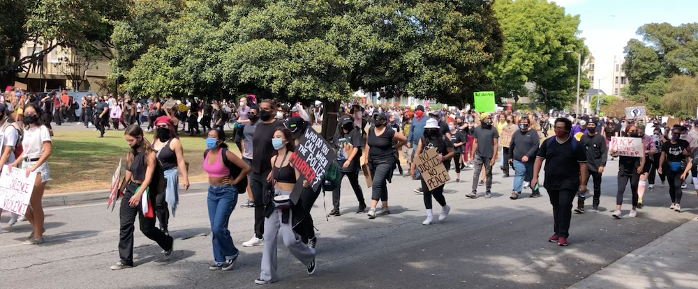 Protesters in L.A. on Saturday afternoon heading west toward Beverly Hills.