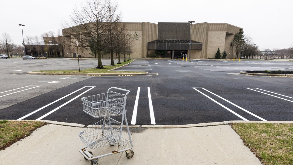 An empty shopping cart in an empty parking lot at a Macy's department store in a mall which is closed to help prevent the spread of the coronavirus, in Paramus, New Jersey, USA, 30 March 2020. Macy's announced that they will furlough most of its 130 thousand employees starting this week as a result of massive sales losses during the coronavirus pandemic.Macy's To Furlough Most Emplyees Due to Coronavirus, Paramus, USA - 30 Mar 2020
