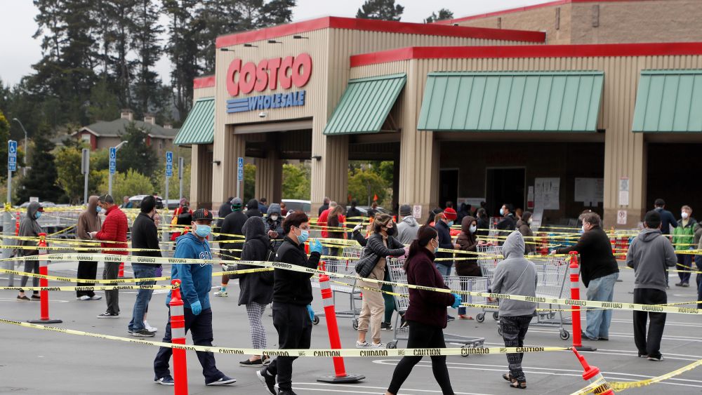 Shoppers wait in line Costco South San Francisco