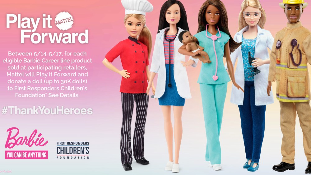 As part of Mattel's Play It Forward platform, Barbie will donate essential worker dolls from the brand's Career range to the children of coronavirus-pandemic first-responders.