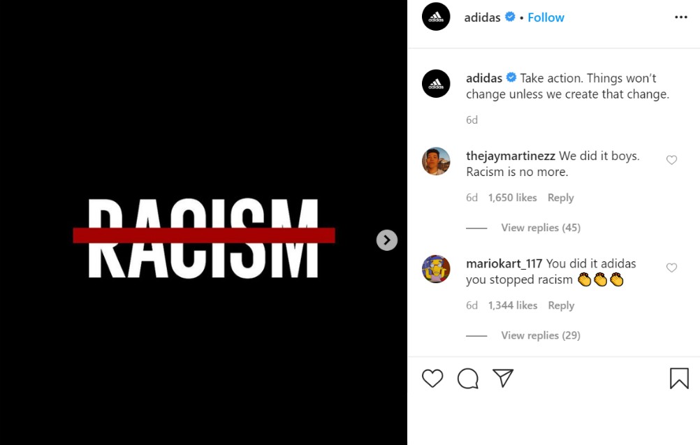 Adidas posted an anti-racism graphic and retweeted Nike's ad.