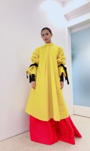 A PPE-inspired gown from the new Puey Quinones Essentials collection, made from water-repellent fabric.