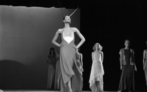 Models dressed in gowns take the stage during the fashion show to benefit the restoration of the Chateau of Versailles, five American designers matching talents with five French couturiers at the Versailles Palace on November 28, 1973 in Versailles, France...Article title: 'One night and pouf! It's gone!Battle of Versailles, Versailles