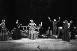 Models on the stage during the fashion show to benefit the restoration of the Chateau of Versailles, five American designers matching talents with five French couturiers at the Versailles Palace on November 28, 1973 in Versailles, France...Article title: 'One night and pouf! It's gone!Battle of Versailles, Versailles