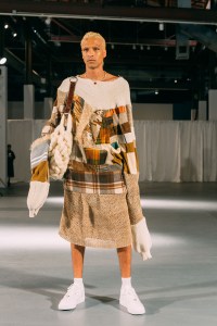 An intensely worked look from No Sesso's Fall 2020 collection, shown at MOCA in Los Angeles. "Our process is, I feel, more like an artist’s process and not the traditional process that one would [use] to design a collection," says Pierre Davis.