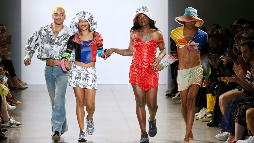 A joyful moment form No Sesso's Spring 2020 show in New York. "A good friend of mine, Autumn Randolph, is the other designer of the brand," says No Sesso's Pierre Davis. "When we’re designing, it’s just us vibing out and having fun and thinking about things that we want to wear if we’re on a red carpet, if we’re going to the grocery store, if we are going anywhere, like if we’re just in the house."