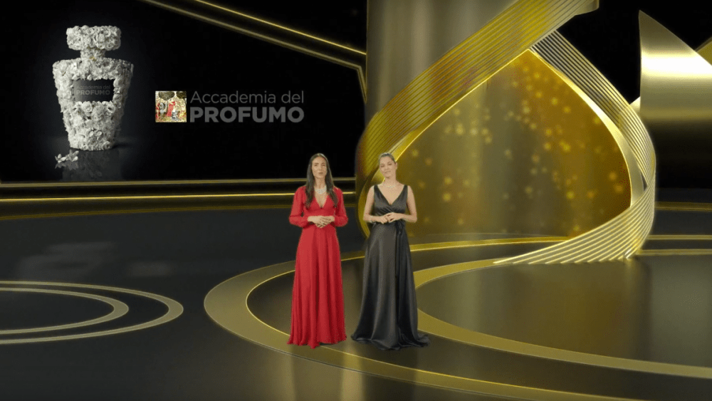 Ambra Martone and Italian TV host Giorgia Surina presenting Accademia del Profumo's digital award ceremony.