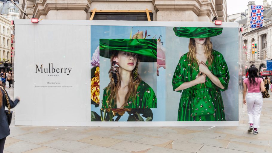 LA view of wooden hoarding advertising Mulberry on regent street in London