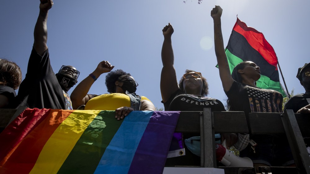 Protesters march down Santa Monica Boulevard to demonstrate against police brutality after the death of George Floyd in Minnesota in West Hollywood, California, USA, 14 June 2020. The march was planned by the All Black Lives Matter group together with LGBTQ community members.All Black Lives Matter march in West Hollywood, California, USA - 14 Jun 2020
