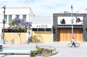Stores on Santa Monica’s 3rd Street Promenade boarded up by Monday morning.