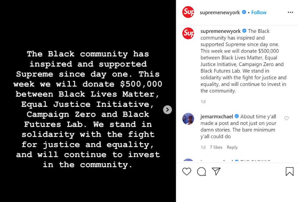 Streetwear sensation Supreme is donating $500,000 to Black Lives Matter and other organizations.
