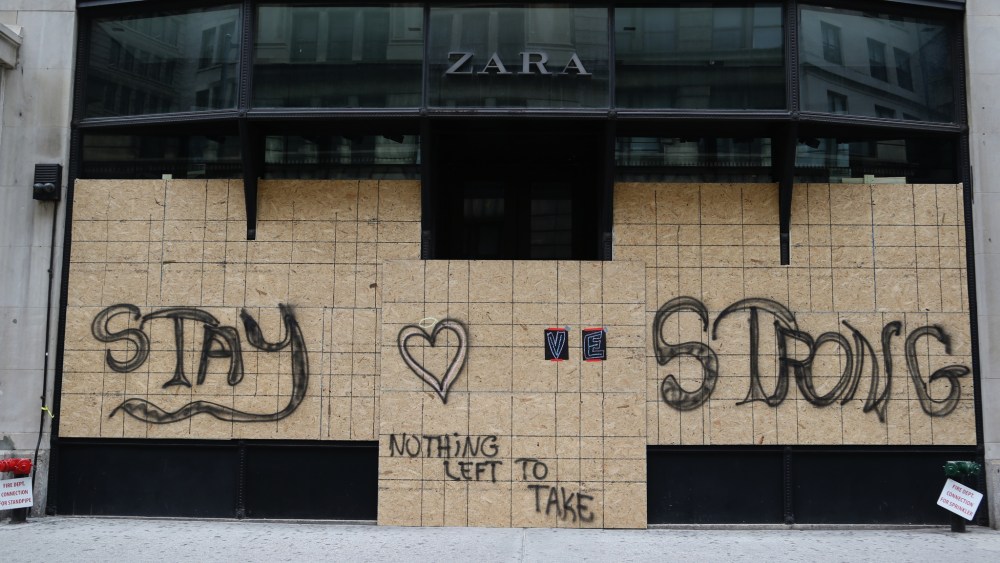 A boarded up Zara in New York.