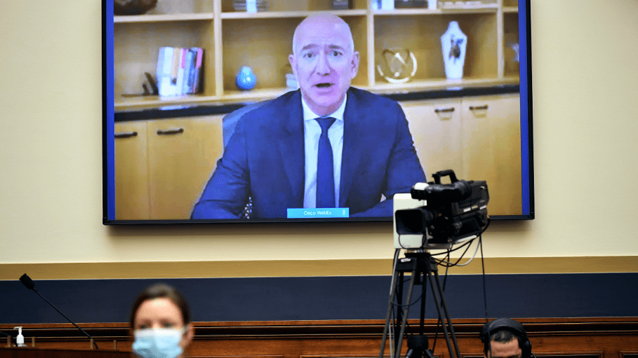 Amazon CEO Jeff Bezos testifies remotely during a House Judiciary subcommittee on antitrust on Capitol Hill on Wednesday, July 29, 2020, in Washington.