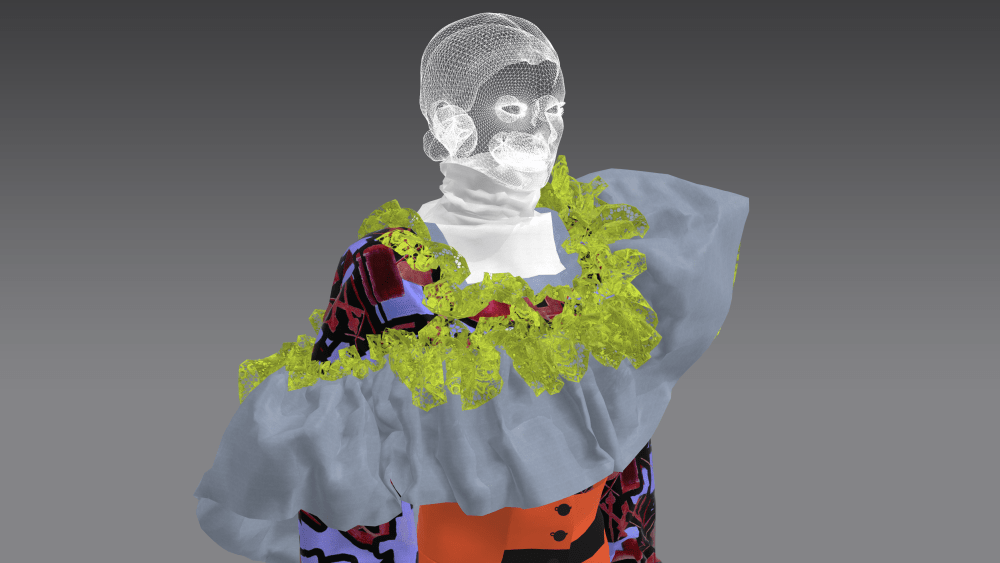 A digitally rendered look from Alexander Knight's graduate collection from Ravensbourne University