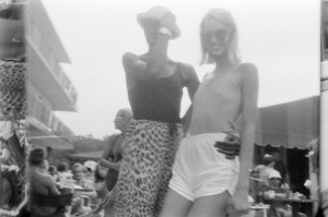Wearing leopard-printed drawstring pants designed by Stephen Burrows, Bethann Hardison strikes a pose with model Karen Bjornson.
