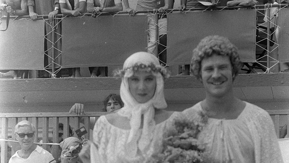The peasant finale look with the bride wearing Frank Masandrea at the second annual Pines Conservation Society fashion show in August 1976.