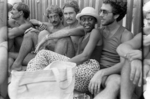 Bethann Hardison unwound with friends including designer Ronald Kolodzie wearing tinted glasses.